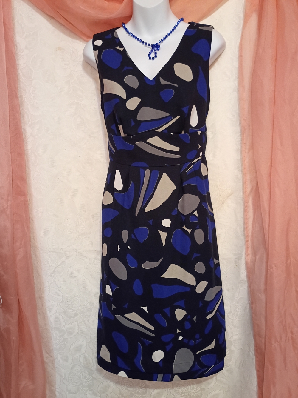 George Black, Blue & Gray Abstract V-Neck Dress